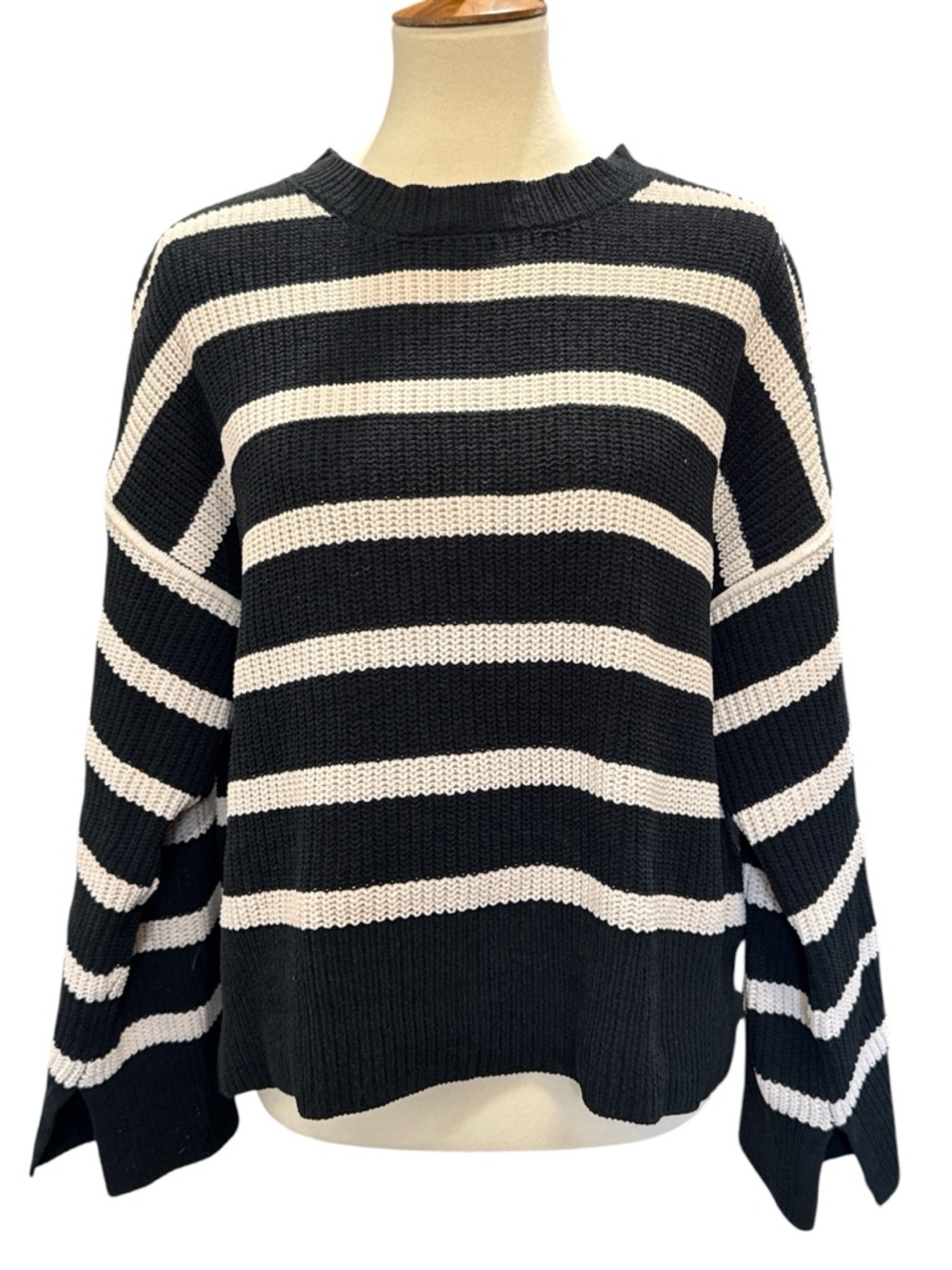 Sanctuary Black and Cream Striped Crewneck Sweater